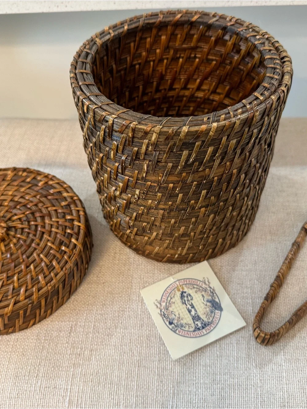 Vintage Rattan Mcm Ice (no) Bucket w Lid & Tongs Wicker Tiki Bar Coastal Barware